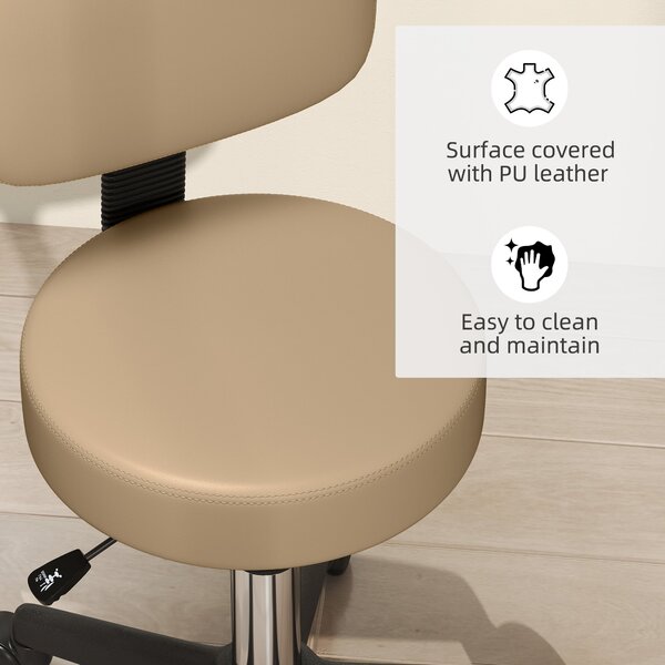 HOMCOM Rolling Stool with Backrest, Height Adjustable (72–84 cm / 28.3–33.1 in), 360° Swivel Office/Salon/Massage Stool – Light Brown | Aosom