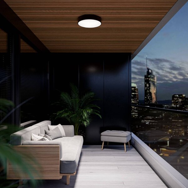 TEMAR LIGHTING Stropní světlo Cleo 300, černé, senzor, IP54, Ø 30 cm, kov, Černá, Chodba, kov, Moderní