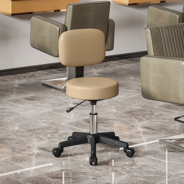 HOMCOM Rolling Stool with Backrest, Height Adjustable (72–84 cm / 28.3–33.1 in), 360° Swivel Office/Salon/Massage Stool – Light Brown | Aosom