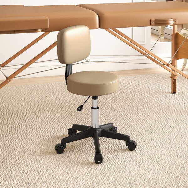 HOMCOM Rolling Stool with Backrest, Height Adjustable (72–84 cm / 28.3–33.1 in), 360° Swivel Office/Salon/Massage Stool – Light Brown | Aosom