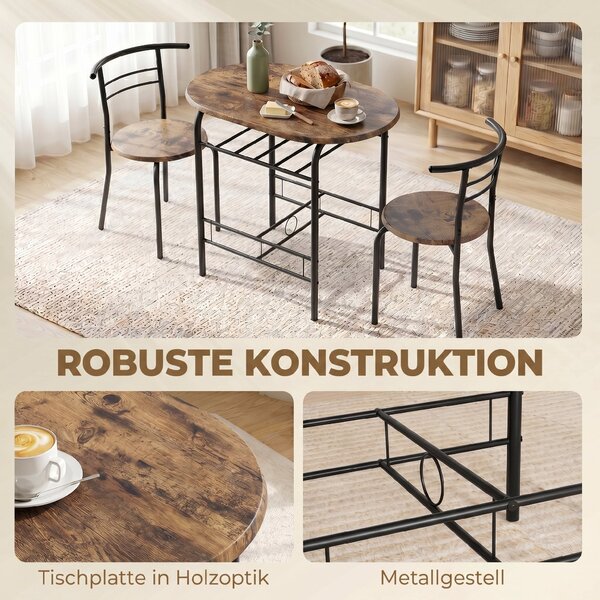 HOMCOM 3-Piece Dining Set – 31.5 in Table with 2 Chairs & Shelf, Rustic Brown, Ideal for Small Spaces | Aosom