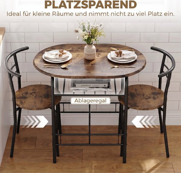 HOMCOM 3-Piece Dining Set – 31.5 in Table with 2 Chairs & Shelf, Rustic Brown, Ideal for Small Spaces | Aosom