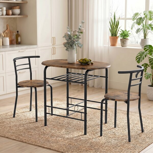 HOMCOM 3-Piece Dining Set – 31.5 in Table with 2 Chairs & Shelf, Rustic Brown, Ideal for Small Spaces | Aosom