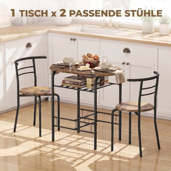 HOMCOM 3-Piece Dining Set – 31.5 in Table with 2 Chairs & Shelf, Rustic Brown, Ideal for Small Spaces | Aosom