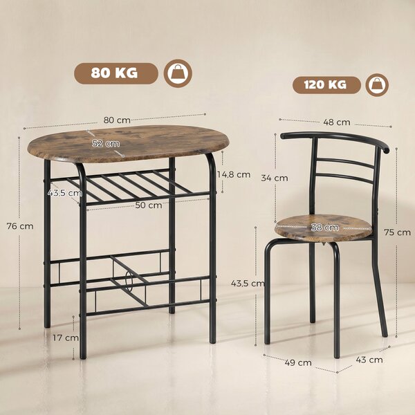 HOMCOM 3-Piece Dining Set – 31.5 in Table with 2 Chairs & Shelf, Rustic Brown, Ideal for Small Spaces | Aosom