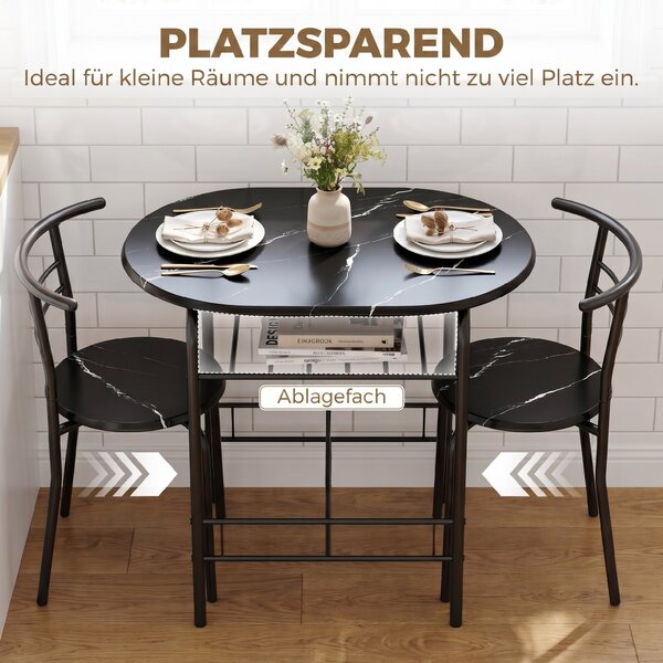 HOMCOM 3-Piece Dining Set — 31.5" Kitchen Table with Two Chairs and Shelf, Ideal for Small Spaces, Apartment, Living/Dining Room, Black Marble Finish