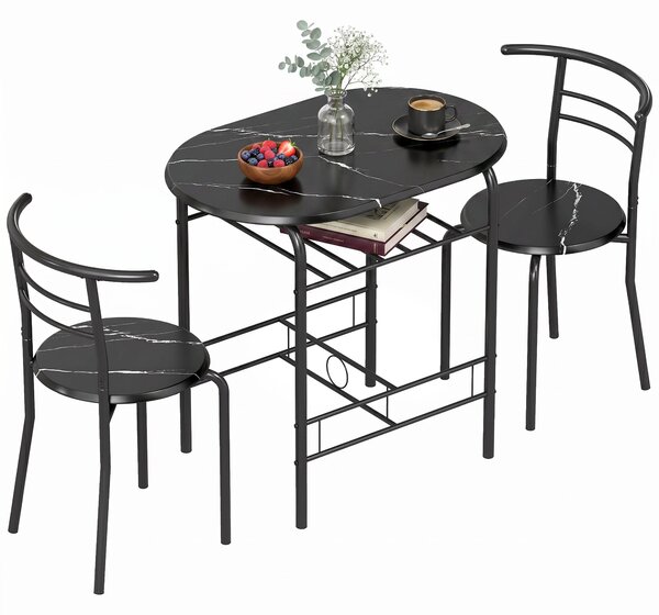HOMCOM 3-Piece Dining Set — 31.5" Kitchen Table with Two Chairs and Shelf, Ideal for Small Spaces, Apartment, Living/Dining Room, Black Marble Finish