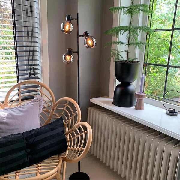 Stojací lampa Art Deco černá 3-světlo s kouřovým sklem - Vidro
