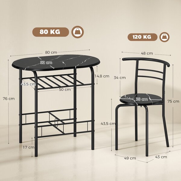 HOMCOM 3-Piece Dining Set — 31.5" Kitchen Table with Two Chairs and Shelf, Ideal for Small Spaces, Apartment, Living/Dining Room, Black Marble Finish