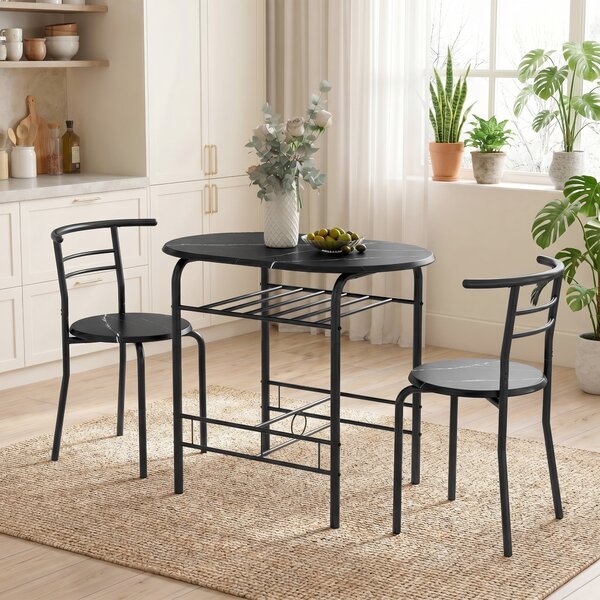 HOMCOM 3-Piece Dining Set — 31.5" Kitchen Table with Two Chairs and Shelf, Ideal for Small Spaces, Apartment, Living/Dining Room, Black Marble Finish