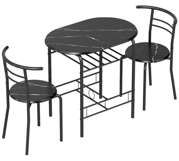 HOMCOM 3-Piece Dining Set — 31.5" Kitchen Table with Two Chairs and Shelf, Ideal for Small Spaces, Apartment, Living/Dining Room, Black Marble Finish