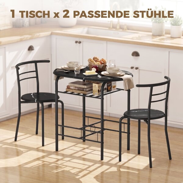 HOMCOM 3-Piece Dining Set — 31.5" Kitchen Table with Two Chairs and Shelf, Ideal for Small Spaces, Apartment, Living/Dining Room, Black Marble Finish