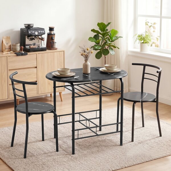 HOMCOM 3-Piece Dining Set — 31.5" Kitchen Table with Two Chairs and Shelf, Ideal for Small Spaces, Apartment, Living/Dining Room, Black Marble Finish