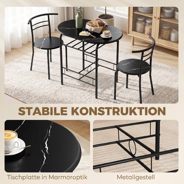 HOMCOM 3-Piece Dining Set — 31.5" Kitchen Table with Two Chairs and Shelf, Ideal for Small Spaces, Apartment, Living/Dining Room, Black Marble Finish