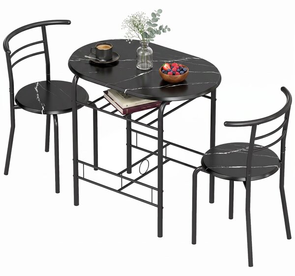 HOMCOM 3-Piece Dining Set — 31.5" Kitchen Table with Two Chairs and Shelf, Ideal for Small Spaces, Apartment, Living/Dining Room, Black Marble Finish