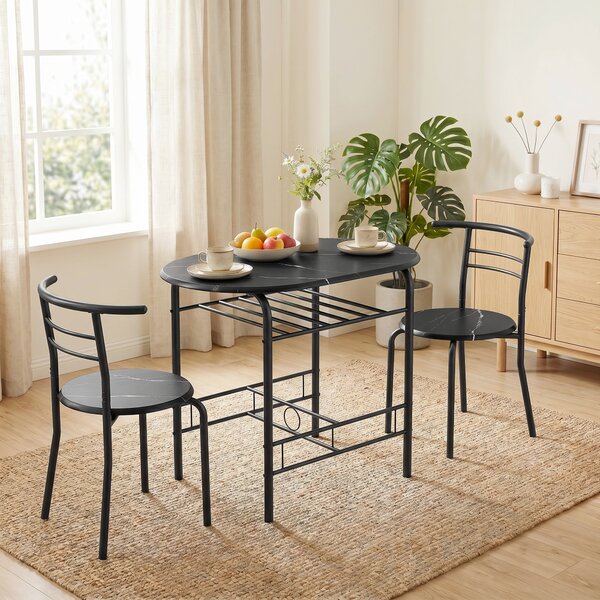 HOMCOM 3-Piece Dining Set — 31.5" Kitchen Table with Two Chairs and Shelf, Ideal for Small Spaces, Apartment, Living/Dining Room, Black Marble Finish