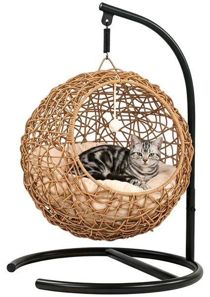PawHut pletené kočičí lůžko — vyvýšený ratanový dům s pratelným polštářem a hračkou, 45 × 41 × 75 cm, světle hnědý | Aosom