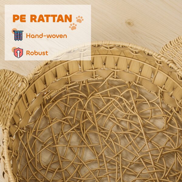 PawHut Rattan Cat Bed with Removable Cushion — Cat Cave for Cats up to 22 lb, 19.7" x 19.7" x 9.8", Light Brown | Aosom