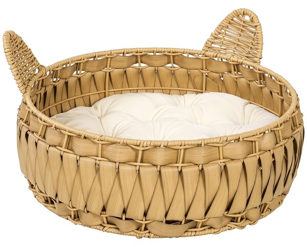 PawHut Rattan Cat Bed with Removable Cushion — Cat Cave for Cats up to 22 lb, 19.7" x 19.7" x 9.8", Light Brown | Aosom