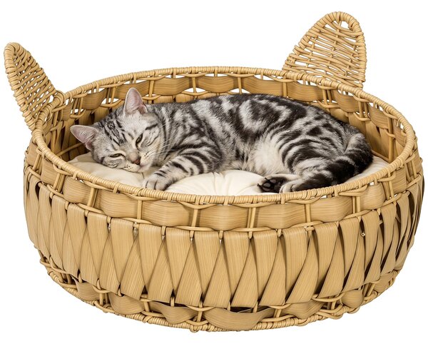 PawHut Rattan Cat Bed with Removable Cushion — Cat Cave for Cats up to 22 lb, 19.7" x 19.7" x 9.8", Light Brown | Aosom