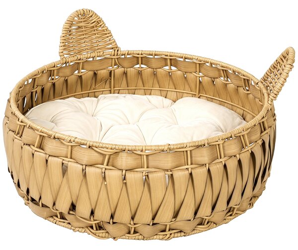 PawHut Rattan Cat Bed with Removable Cushion — Cat Cave for Cats up to 22 lb, 19.7" x 19.7" x 9.8", Light Brown | Aosom