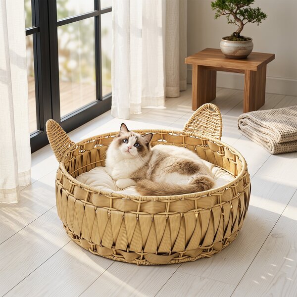 PawHut Rattan Cat Bed with Removable Cushion — Cat Cave for Cats up to 22 lb, 19.7" x 19.7" x 9.8", Light Brown | Aosom