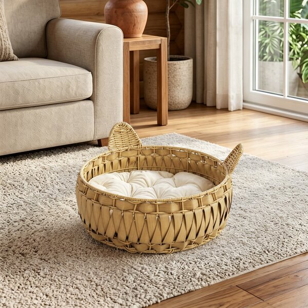 PawHut Rattan Cat Bed with Removable Cushion — Cat Cave for Cats up to 22 lb, 19.7" x 19.7" x 9.8", Light Brown | Aosom