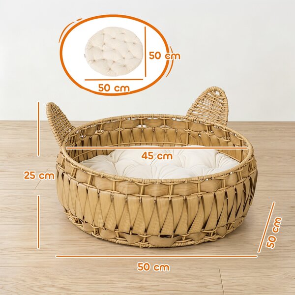 PawHut Rattan Cat Bed with Removable Cushion — Cat Cave for Cats up to 22 lb, 19.7" x 19.7" x 9.8", Light Brown | Aosom