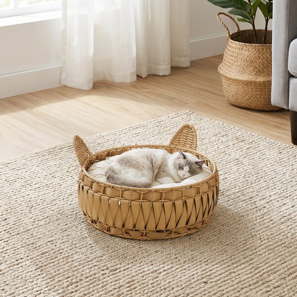 PawHut Rattan Cat Bed with Removable Cushion — Cat Cave for Cats up to 22 lb, 19.7" x 19.7" x 9.8", Light Brown | Aosom