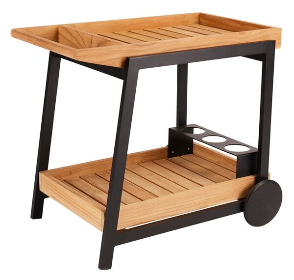Stern Servírovací vozík Frido, Stern, 90x59x77 cm, rám lakovaný hliník black matt, desky teak, včetně koleček a držáku na lahve