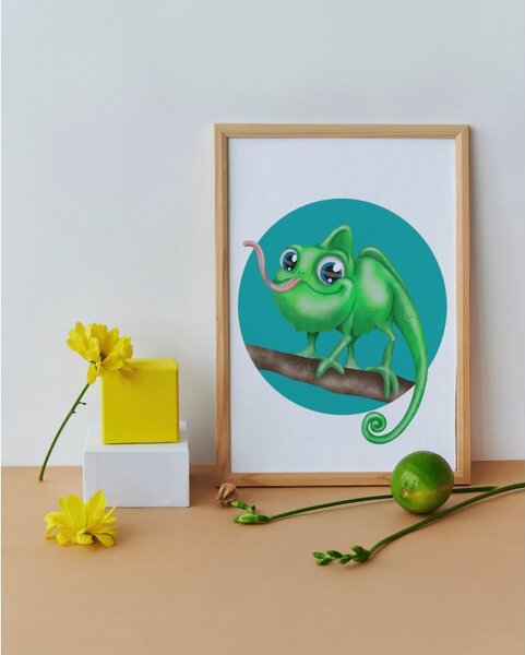 Plakát Chameleon (21x30cm) A4, Plakát do dětského pokoje, Plakát se zvířátkem, Ručně kreslený obrázek, Plakát na zeď pokojíčku Barva: Zelená