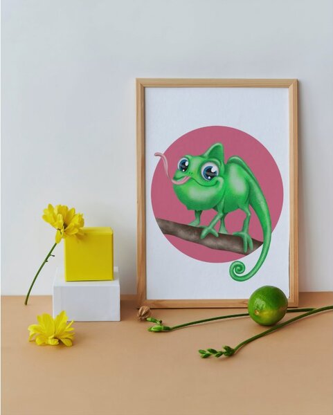 Plakát Chameleon (21x30cm) A4, Plakát do dětského pokoje, Plakát se zvířátkem, Ručně kreslený obrázek, Plakát na zeď pokojíčku Barva: Zelená