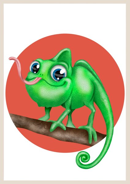 Plakát Chameleon (21x30cm) A4, Plakát do dětského pokoje, Plakát se zvířátkem, Ručně kreslený obrázek, Plakát na zeď pokojíčku Barva: Zelená