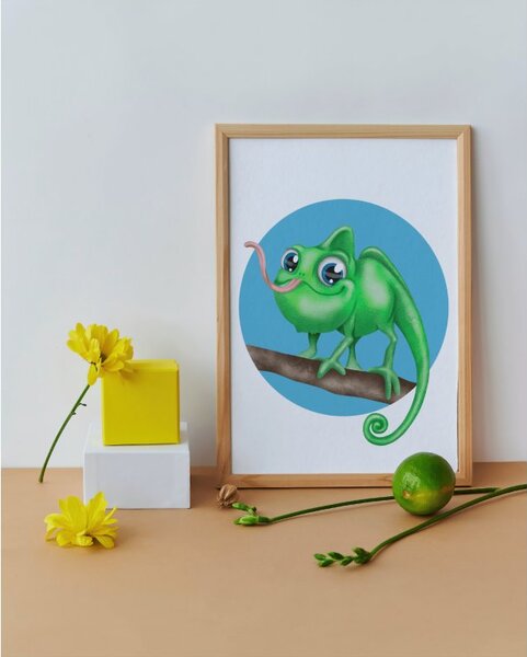 Plakát Chameleon (21x30cm) A4, Plakát do dětského pokoje, Plakát se zvířátkem, Ručně kreslený obrázek, Plakát na zeď pokojíčku Barva: Zelená