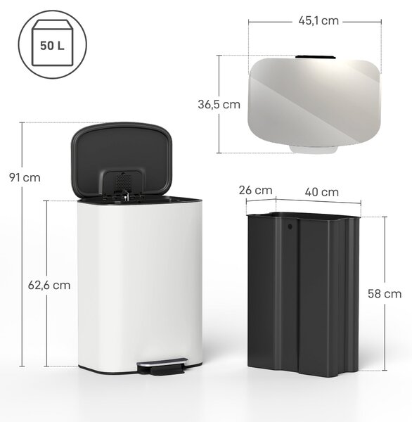 HOMCOM 50 l kuchyňský pedálový koš – aretace a měkké dovírání víka, nerez, krémově bílý | Aosom