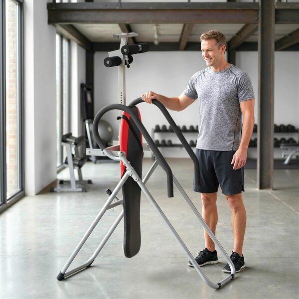 SPORTNOW skládací invertovací lavice z oceli, nastavitelná 0–90°, nastavitelná opora kotníků, bezpečnostní pás, protiskluzové nohy, nosnost 120 kg | A