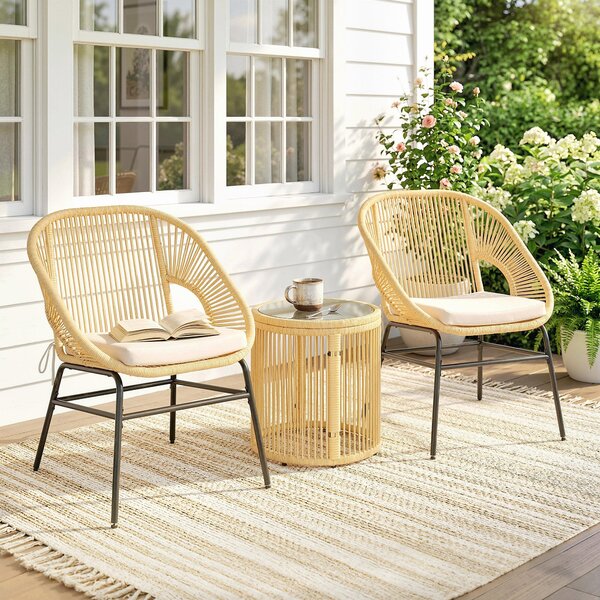 Outsunny 3dílný ratanový bistro set – 2 polstrovaná křesla a tvrzený skleněný stolek, ergonomický nábytek na balkon/terasu, béžová | Aosom