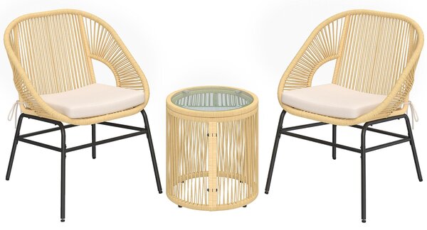 Outsunny 3dílný ratanový bistro set – 2 polstrovaná křesla a tvrzený skleněný stolek, ergonomický nábytek na balkon/terasu, béžová | Aosom