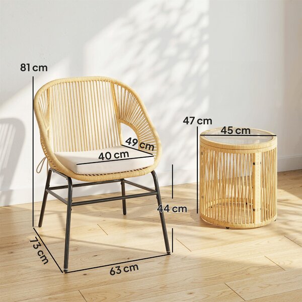 Outsunny 3dílný ratanový bistro set – 2 polstrovaná křesla a tvrzený skleněný stolek, ergonomický nábytek na balkon/terasu, béžová | Aosom