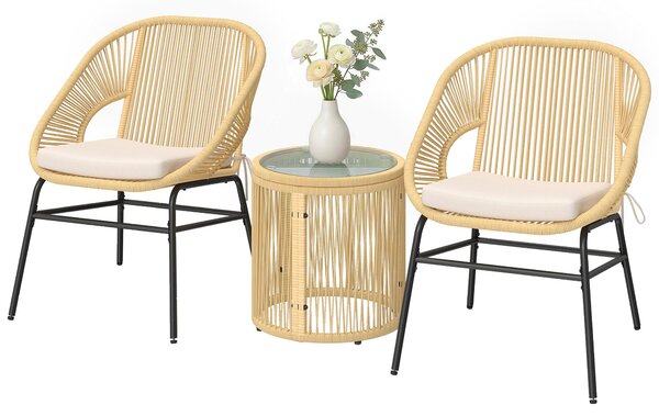 Outsunny 3dílný ratanový bistro set – 2 polstrovaná křesla a tvrzený skleněný stolek, ergonomický nábytek na balkon/terasu, béžová | Aosom