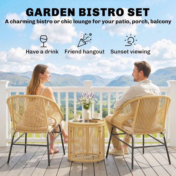 Outsunny 3dílný ratanový bistro set – 2 polstrovaná křesla a tvrzený skleněný stolek, ergonomický nábytek na balkon/terasu, béžová | Aosom