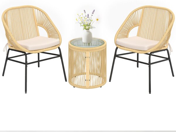 Outsunny 3dílný ratanový bistro set – 2 polstrovaná křesla a tvrzený skleněný stolek, ergonomický nábytek na balkon/terasu, béžová | Aosom