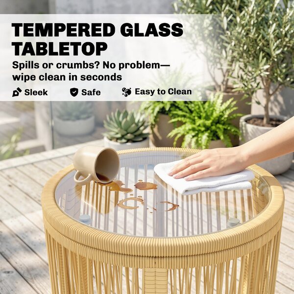 Outsunny 3dílný ratanový bistro set – 2 polstrovaná křesla a tvrzený skleněný stolek, ergonomický nábytek na balkon/terasu, béžová | Aosom