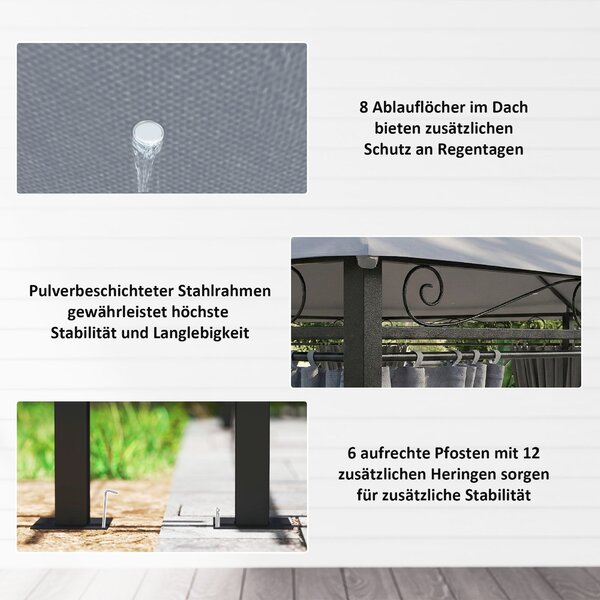 Outsunny zahradní altán 4 x 3 m — voděodolný pavilon s dvojitou střechou a 6 bočními panely, tmavě šedý | Aosom