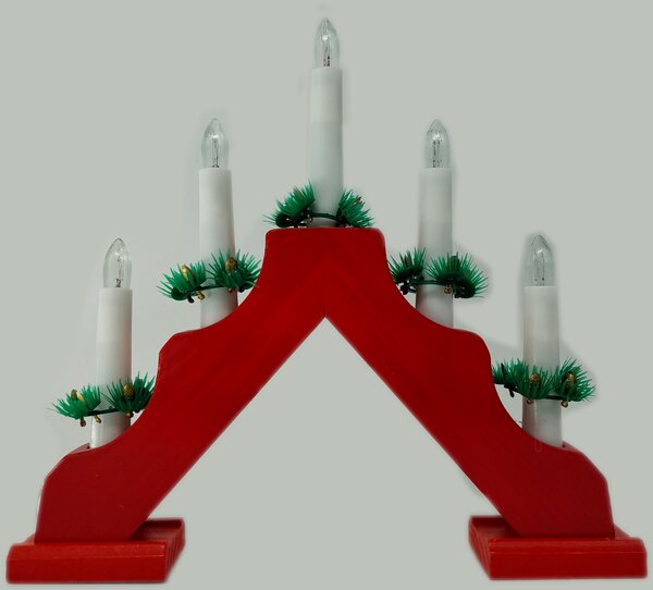 Vánoční dřevěný červený svícen, 5 svíček, teplá bílá