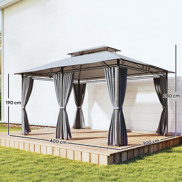 Outsunny zahradní altán 4 x 3 m — voděodolný pavilon s dvojitou střechou a 6 bočními panely, tmavě šedý | Aosom