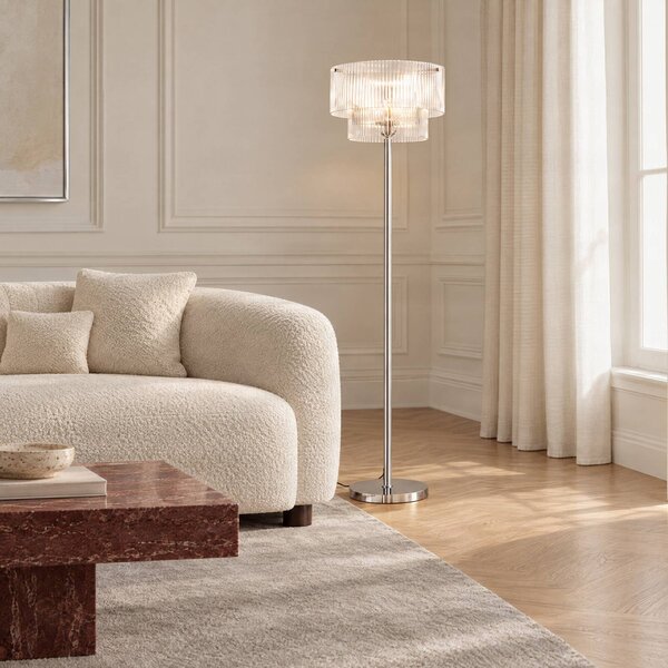 Lucande Stojací lampa Meritt, chrom/čiré sklo, výška 160 cm, sklo, Chrom / stříbro, Obývací pokoj / jídelna, Sklo, Moderní