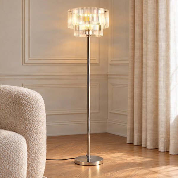 Lucande Stojací lampa Meritt, chrom/čiré sklo, výška 160 cm, sklo, Chrom / stříbro, Obývací pokoj / jídelna, Sklo, Moderní