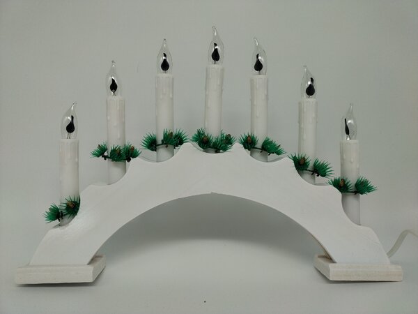 Vánoční dřevěný svícen obloukový bílý, 7 svíček, plamen