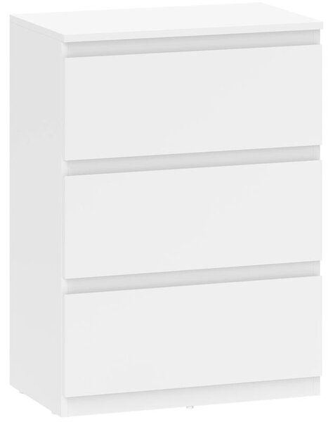 Komoda Moonbite se 3 zásuvkami, minimalistická komoda bez úchytek, rozměry 55 × 34 × 75 cm, matný melaminový povrch, bezpečnostní pásy proti převrácení, materiál: dřevo, barva: bílá
